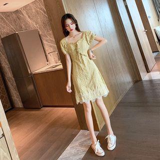 Puff-sleeve Square-neck Plaid Mini Dress