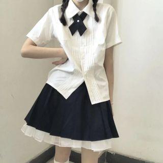Short-sleeve Pintuck Shirt / Bow Tie / Pleated A-line Skirt / Scarf / Set