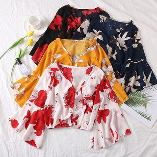V-neck Flower-print Chiffon Blouse