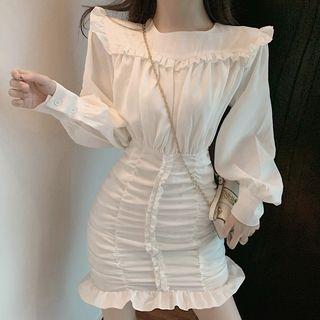 Long-sleeve Ruffled Ruched Plain Dress