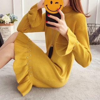 Embellished Mock Neck Long Sleeve Knit Dress