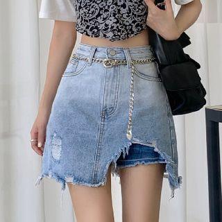 High-waist Ripped Gradient Mini Denim Skirt