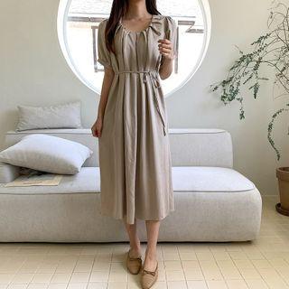 Pleated-neck Tie-waist Dress