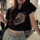Short-sleeve Print Vintage Cropped T-shirt Black - One Size