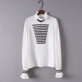 Mock-turtleneck Bell-sleeve Striped Blouse