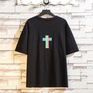 Elbow-sleeve Reflective Cross Print T-shirt