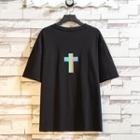 Elbow-sleeve Reflective Cross Print T-shirt