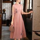 Elbow-sleeve Butterfly Embroidered Midi A-line Qipao Dress