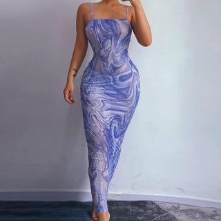 Wave Print Strappy Maxi Bodycon Dress