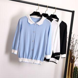 3/4-sleeve Collared Buttoned Knit Top