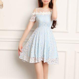 Mesh Panel Cut Out Shoulder Short Sleeve A-line Dress