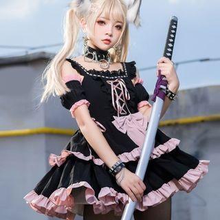 Spaghetti-strap Ribbon Mini A-line Dress / Choker / Head Band / Set
