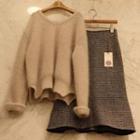 V-neck Sweater / Plaid Midi A-line Skirt / Set
