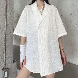Elbow-sleeve Double-breasted Floral Blazer