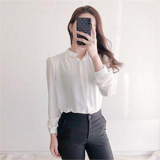 Open-placket Shirred Chiffon Blouse