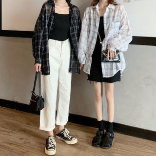 Long-sleeve Plaid See-through Shirt / Plain Camisole Top