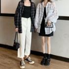 Long-sleeve Plaid See-through Shirt / Plain Camisole Top