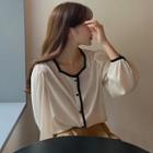 Puff-sleeve Contrast Trim Blouse Milky White - One Size