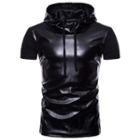 Faux-leather Hooded Short-sleeve Top