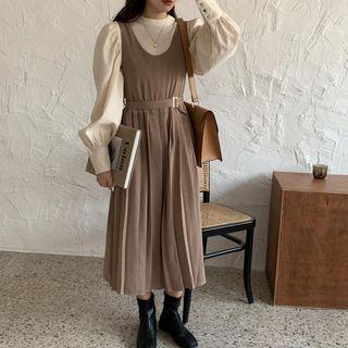 Belted Midi A-line Pleat Pinafore Dress