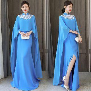 Set: Short-sleeve Lace Panel Midi A-line Dress + Cape