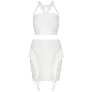 Set: Halter-neck Cutout Top + Tasseled Pencil Skirt