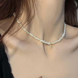 Cross Rhinestone Freshwater Pearl Necklace Pearl White - One Size