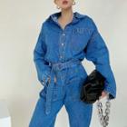 Long-sleeve Collared Denim Jumpsuit