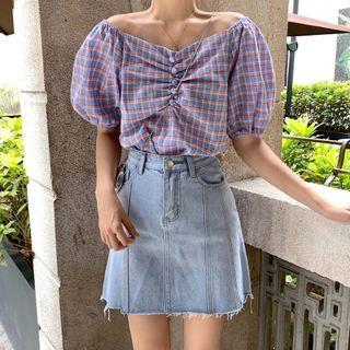 Puff-sleeve Shirred Plaid Cropped Blouse