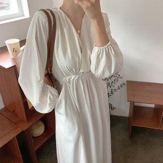 Shirred-trim Dotted Robe Dress