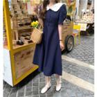 Short-sleeve Collared Midi A-line Dress Blue - One Size