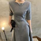 Elbow-sleeve Round-neck A-line Dress