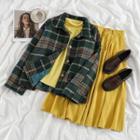 Plaid Button-up Jacket / Turtleneck T-shirt / Corduroy Midi A-line Skirt