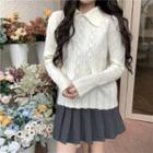 Long-sleeve Plain Collar Knit Sweater White - One Size