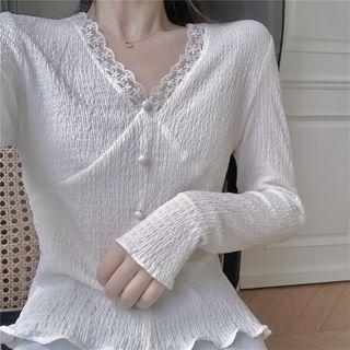 Long-sleeve Lace Trim Button-up Knit Top