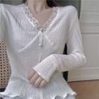 Long-sleeve Lace Trim Button-up Knit Top