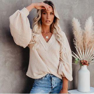 Puff Sleeve V-neck Loose-fit Sweater