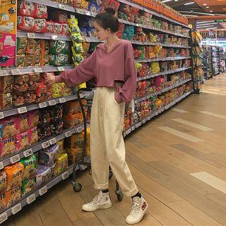 Distressed Hooded Long-sleeve T-shirt / High-waist Cropped Straight-fit Pants