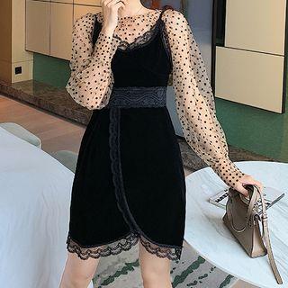 Set: Long-sleeve Dotted Blouse + Spaghetti Strap Mini A-line Dress