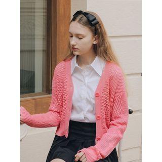 V-neck Net-knit Cardigan Pink - One Size
