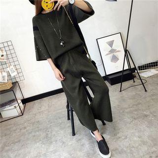 Set: Elbow-sleeve Sweater + Knit Wide-leg Pants