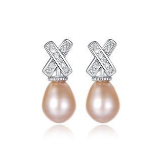 Sterling Silver Fashion Creative English Alphabet X Pink Freshwater Pearl Stud Earrings With Cubic Zirconia Silver - One Size
