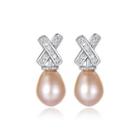 Sterling Silver Fashion Creative English Alphabet X Pink Freshwater Pearl Stud Earrings With Cubic Zirconia Silver - One Size