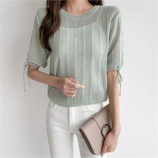 Tie-sleeve Textured Sheer Knit Top