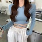 Long-sleeve Lace-up Plain T-shirt