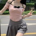 Short-sleeve Ribbon Top / Pleated Mini A-line Skirt