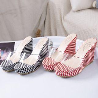 Gingham Pvc Panel Platform Wedge-heel Slide Sandals