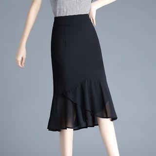 Ruffle Trim Midi Pencil Skirt