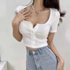 Short-sleeve Square-neck Button-up Plain Cropped Top