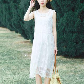 Set: Embroidered Midi Tank Dress + Slipdress